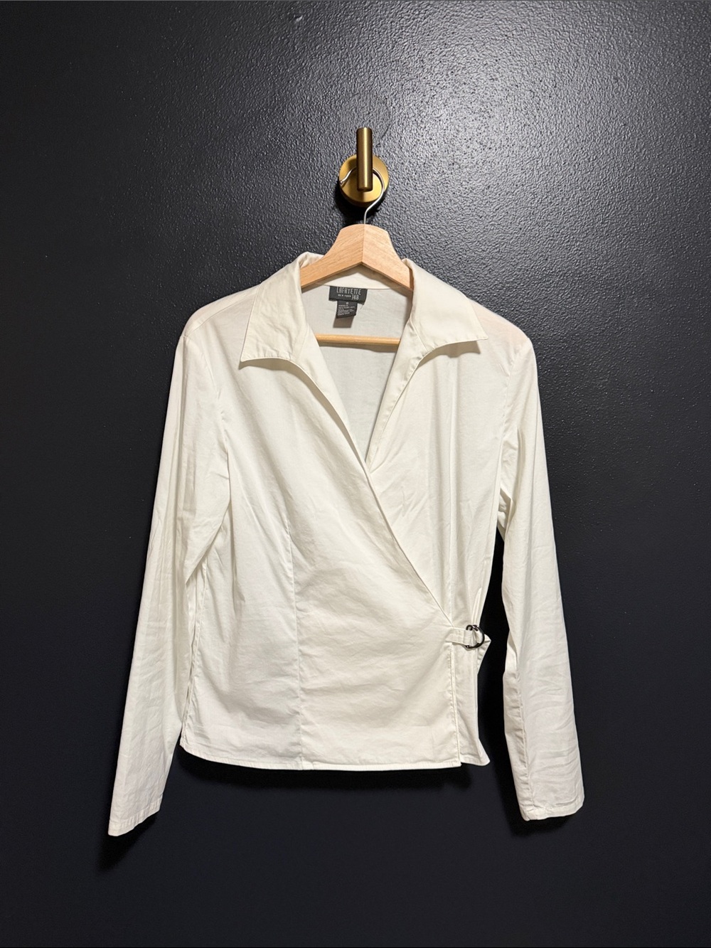 Lafayette 148 New York White Cotton Wrap Blouse Side Ring Buckle Size 8